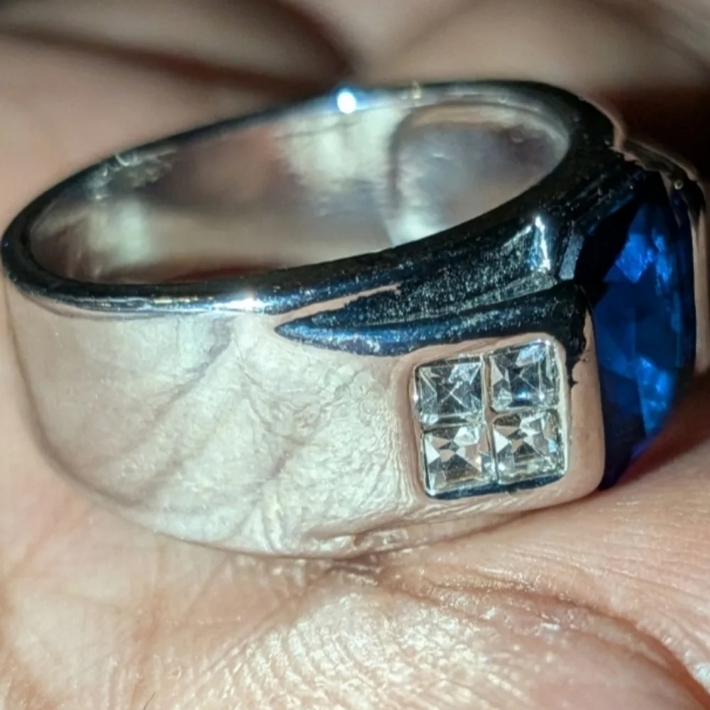 Men's Silver and Blue Gemstone Ring Sz 10